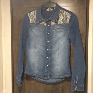 Girls denim pearl snap blouse with lace yoke!